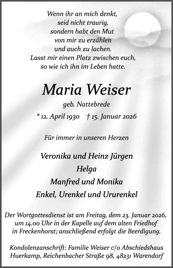 Traueranzeige von Maria Weiser von Die Glocke