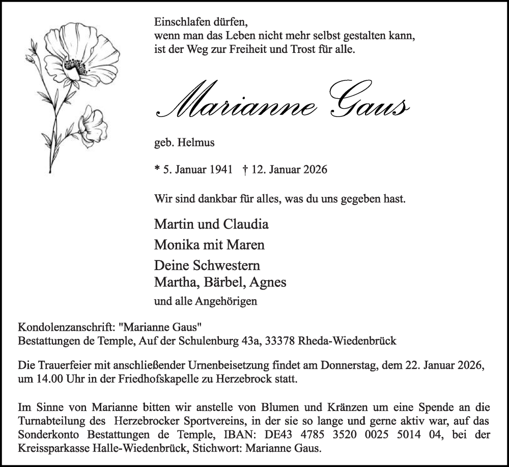  Traueranzeige für Marianne Gaus vom 17.01.2026 aus Die Glocke