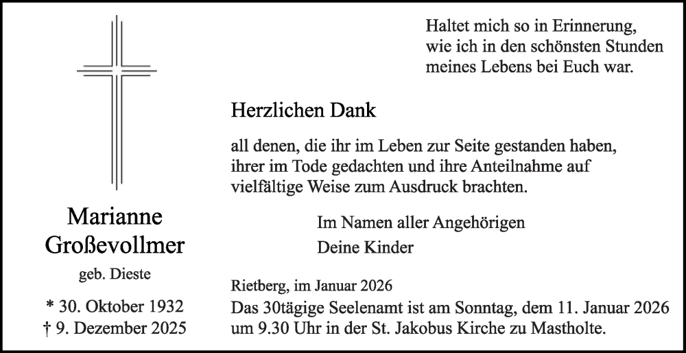  Traueranzeige für Marianne Großevollmer vom 07.01.2026 aus Die Glocke