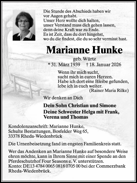Traueranzeige von Marianne Hunke von Die Glocke