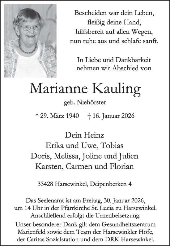 Traueranzeige von Marianne Kauling von Die Glocke