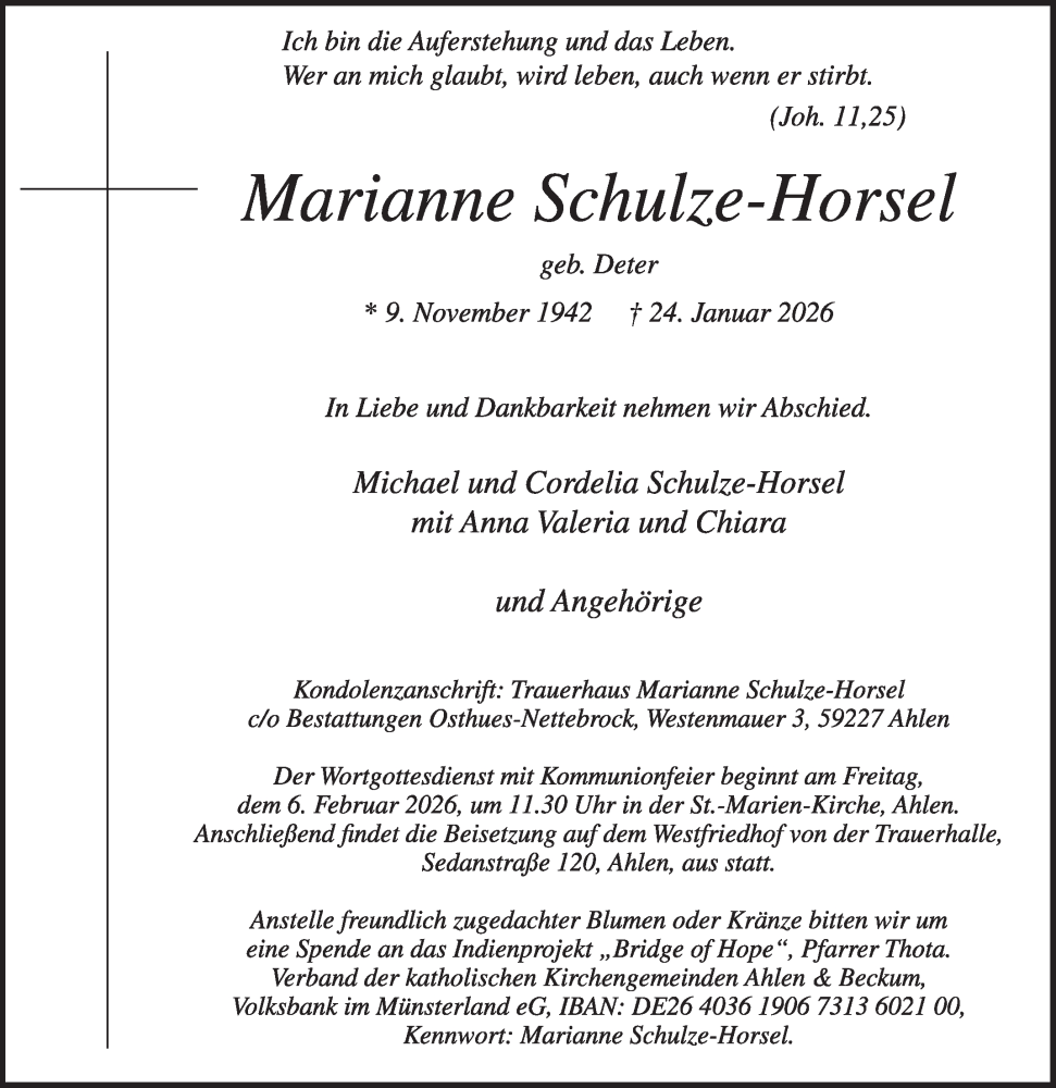  Traueranzeige für Marianne Schulze-Horsel vom 31.01.2026 aus Die Glocke