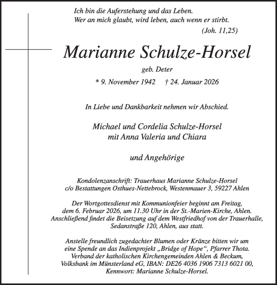 Traueranzeige von Marianne Schulze-Horsel von Die Glocke