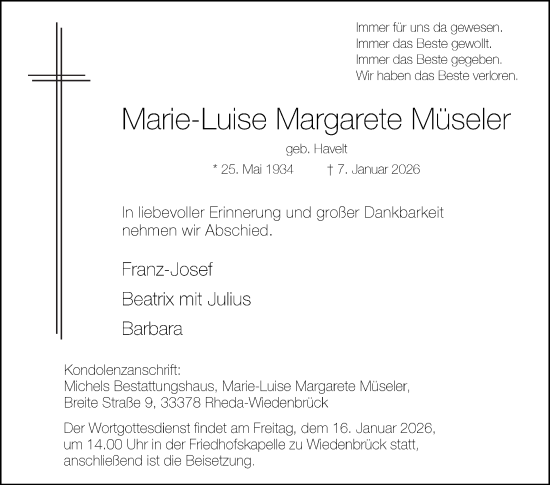 Traueranzeige von Marie-Luise Margarete Müseler von Die Glocke