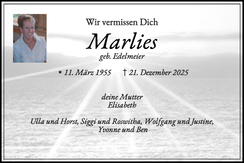  Traueranzeige für Marlies Edelmeier vom 17.01.2026 aus Die Glocke