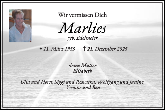 Traueranzeige von Marlies Edelmeier von Die Glocke