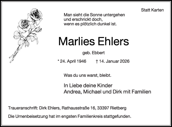 Traueranzeige von Marlies Ehlers von Die Glocke