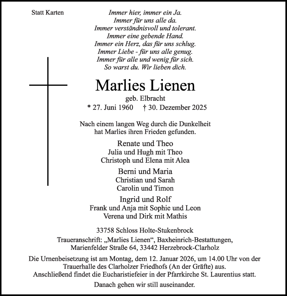  Traueranzeige für Marlies Lienen vom 07.01.2026 aus Die Glocke