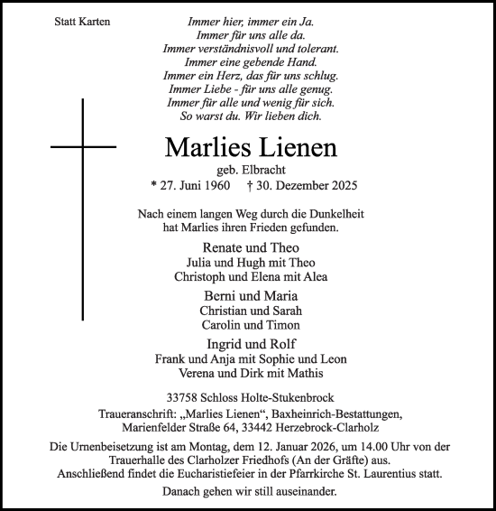 Traueranzeige von Marlies Lienen von Die Glocke