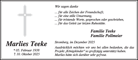 Traueranzeige von Marlies Teeke von Die Glocke