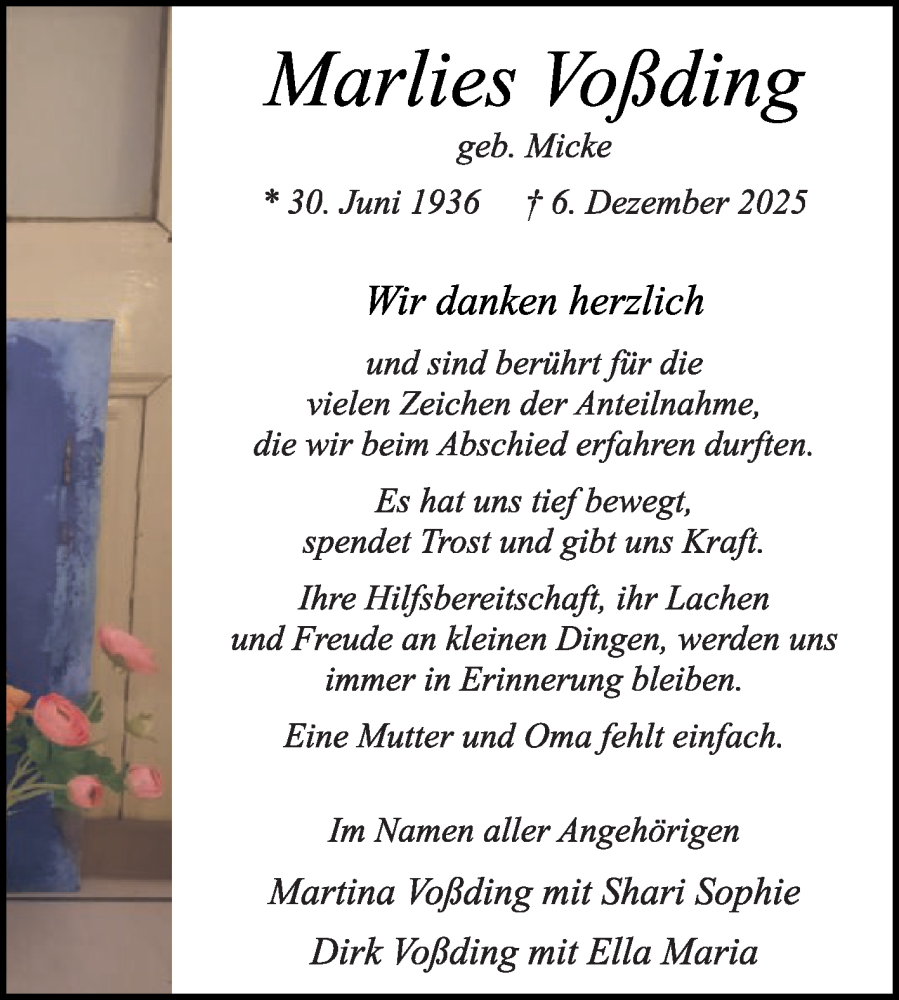  Traueranzeige für Marlies Voßding vom 31.01.2026 aus Die Glocke
