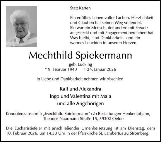 Traueranzeige von Mechthild Spiekermann von Die Glocke