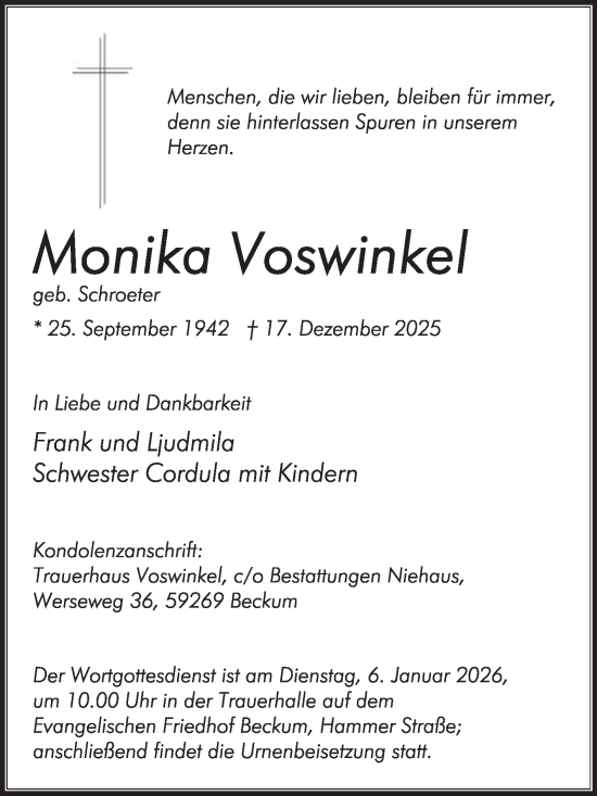 Traueranzeige von Monika Voswinkel von Die Glocke