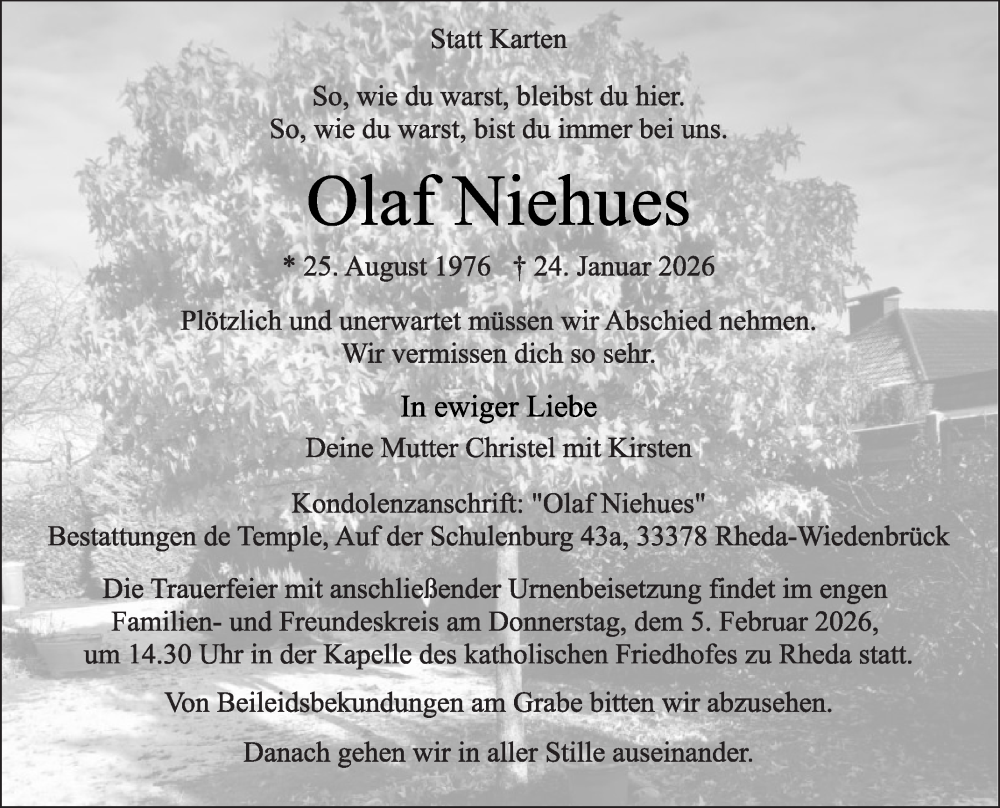  Traueranzeige für Olaf Niehues vom 31.01.2026 aus Die Glocke