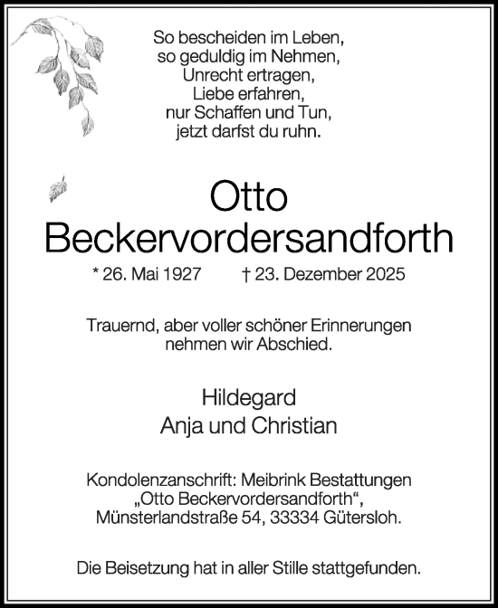 Traueranzeige von Otto Beckervordersandforth von Die Glocke