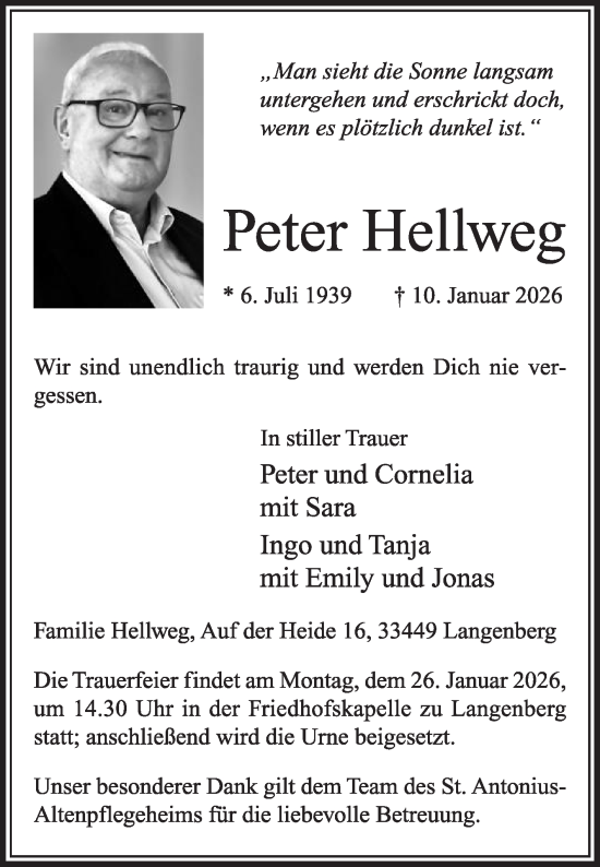 Traueranzeige von Peter Hellweg von Die Glocke