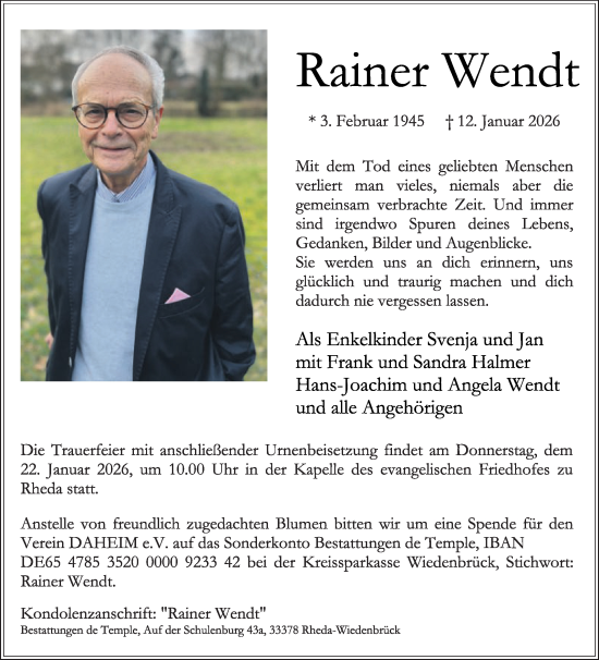 Traueranzeige von Rainer Wendt von Die Glocke