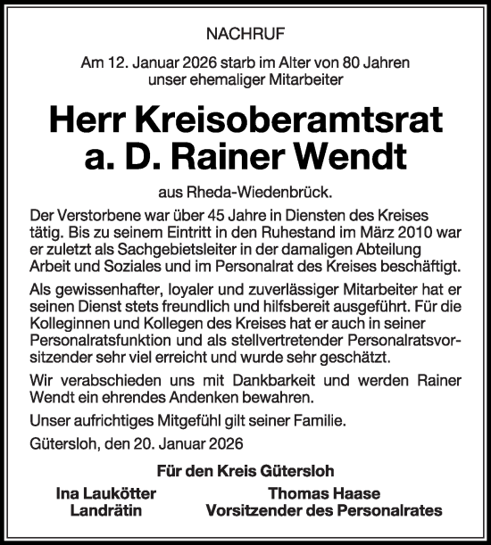 Traueranzeige von Rainer Wendt von Die Glocke