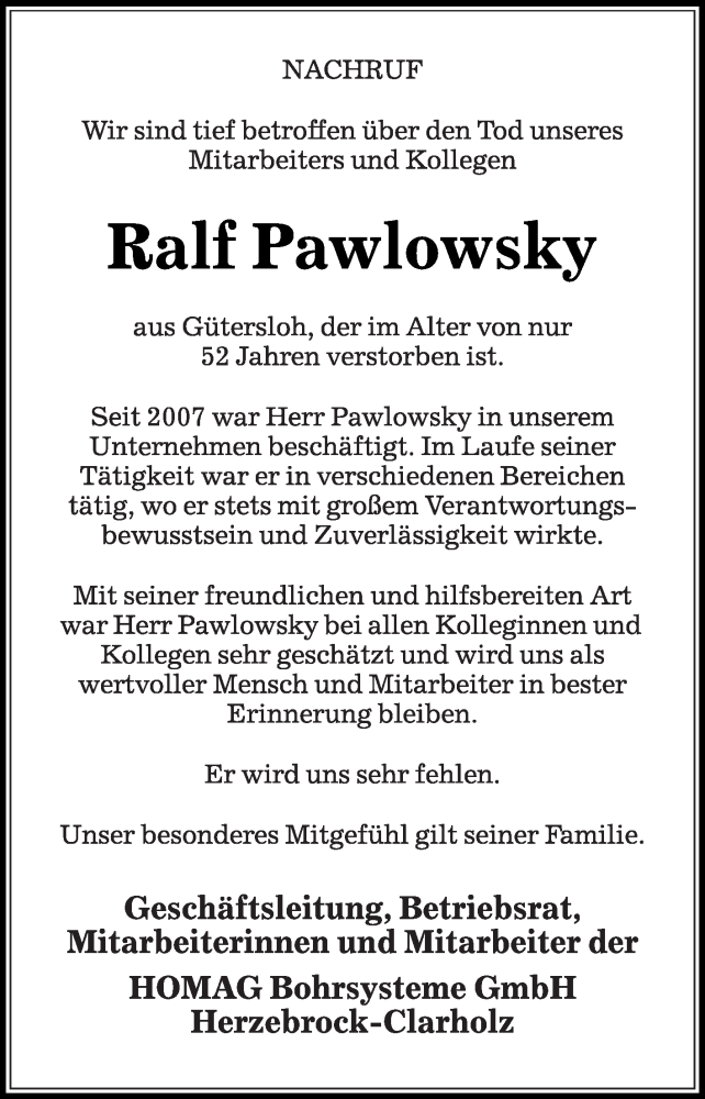  Traueranzeige für Ralf Pawlowsky vom 24.01.2026 aus Die Glocke