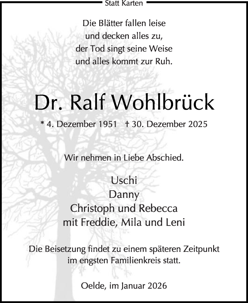  Traueranzeige für Ralf Wohlbrück vom 17.01.2026 aus Die Glocke