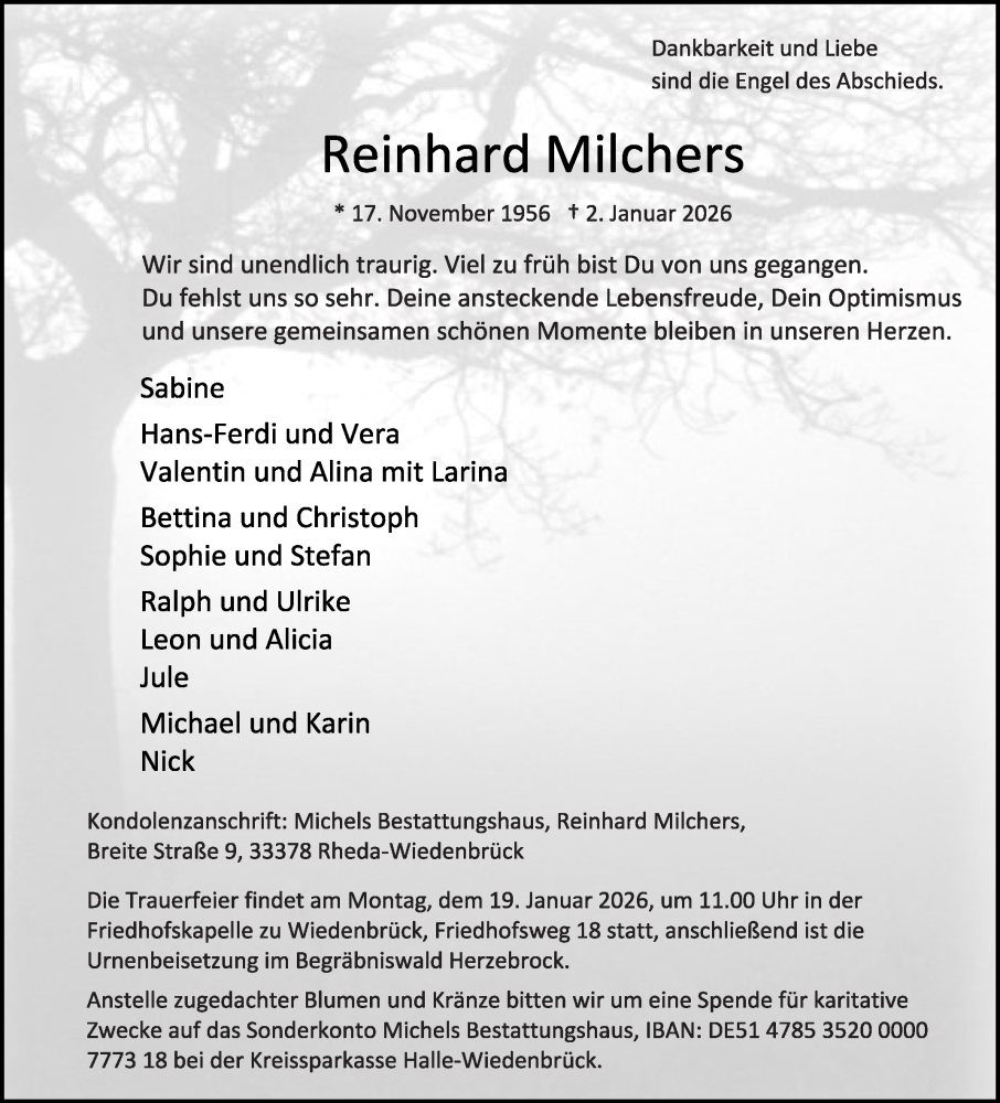  Traueranzeige für Reinhard Milchers vom 10.01.2026 aus Die Glocke