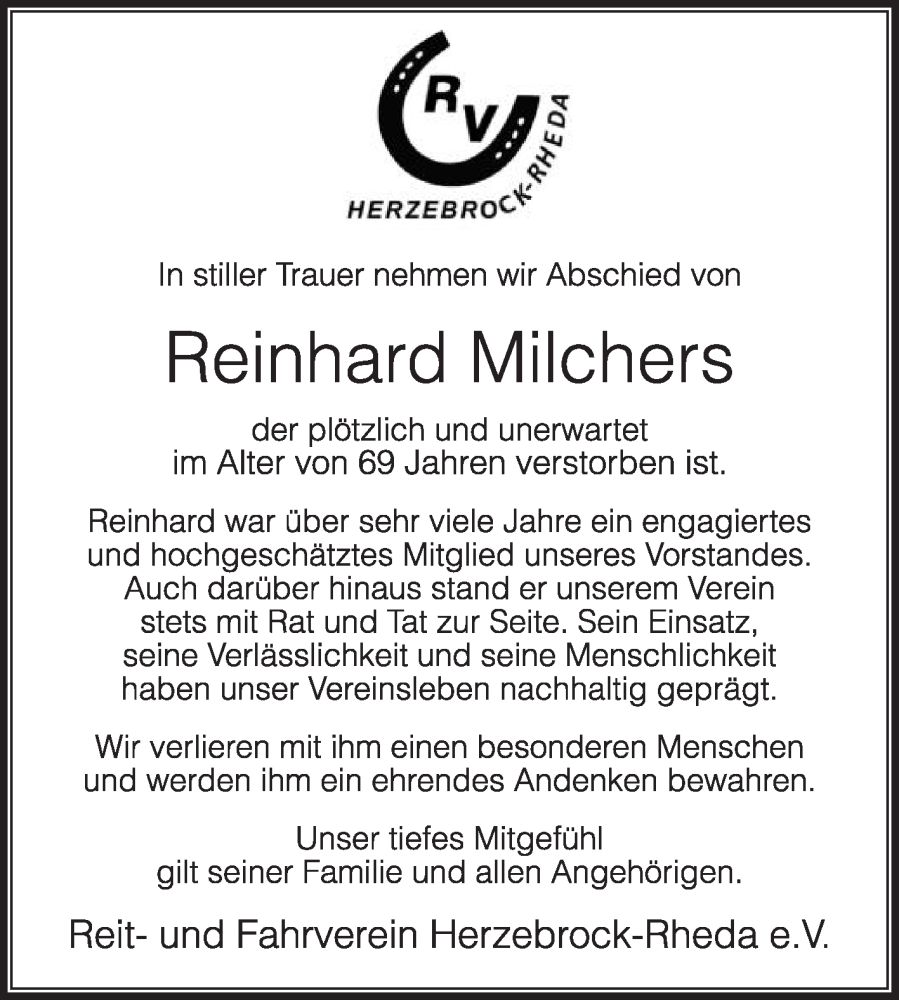  Traueranzeige für Reinhard Milchers vom 14.01.2026 aus Die Glocke