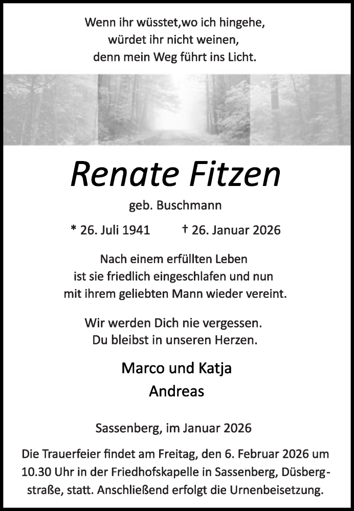  Traueranzeige für Renate Fitzen vom 31.01.2026 aus Die Glocke