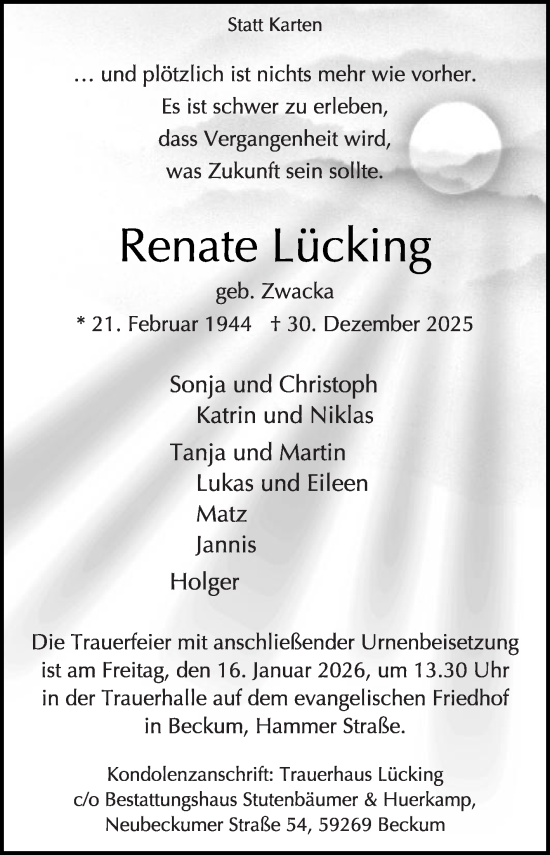Traueranzeige von Renate Lücking von Die Glocke