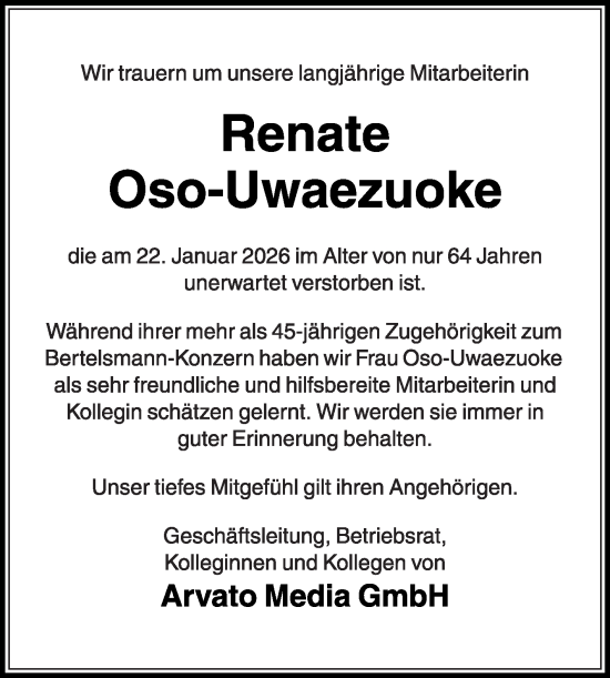Traueranzeige von Renate Oso-Uwaezuoke von Die Glocke