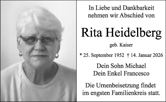 Traueranzeige von Rita Heidelberg von Die Glocke