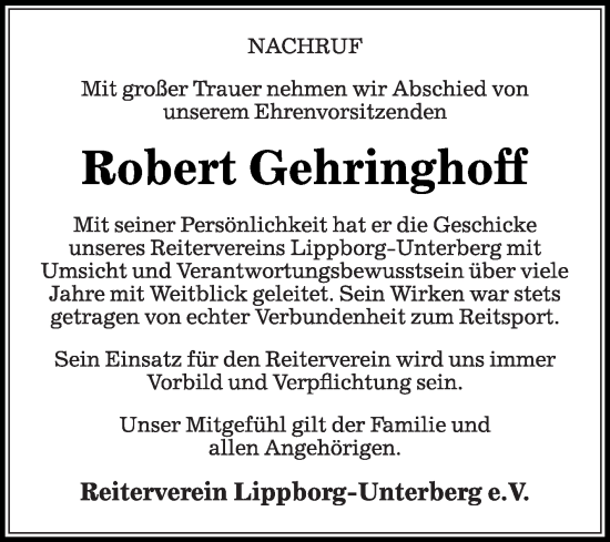 Traueranzeige von Robert Gehringhoff von Die Glocke