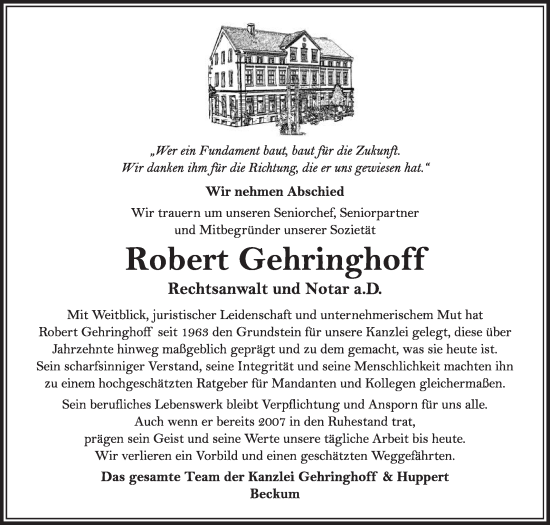 Traueranzeige von Robert Gehringhoff von Die Glocke