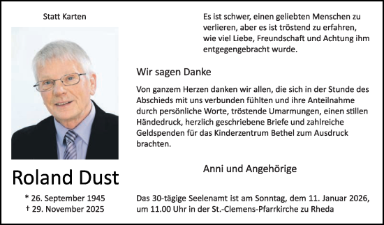 Traueranzeige von Roland Dust von Die Glocke