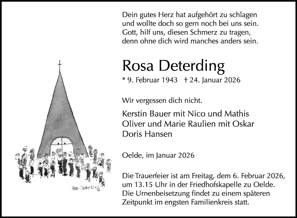  Traueranzeige für Rosa Deterding vom 31.01.2026 aus Die Glocke