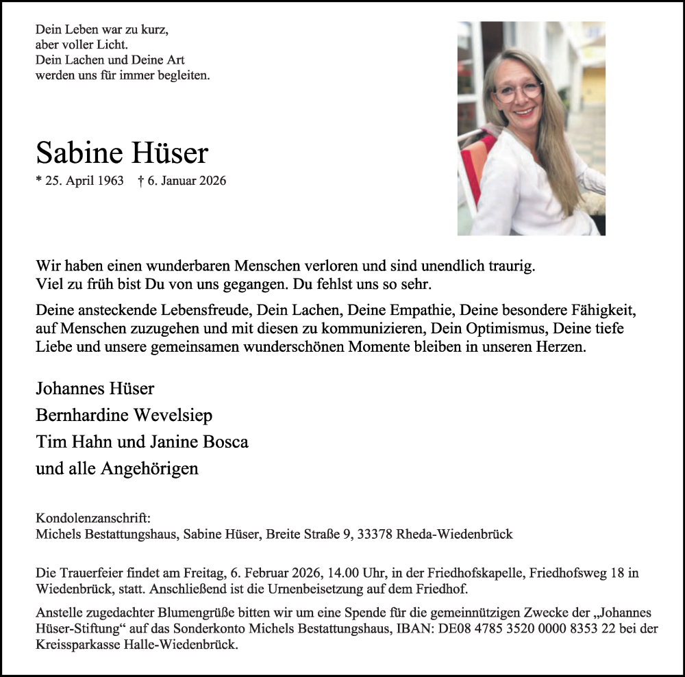  Traueranzeige für Sabine Hüser vom 31.01.2026 aus Die Glocke
