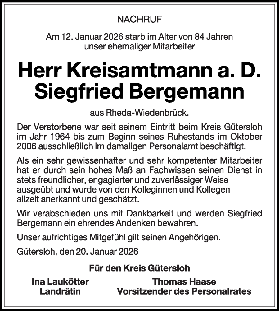  Traueranzeige für Siegfried Bergemann vom 22.01.2026 aus Die Glocke