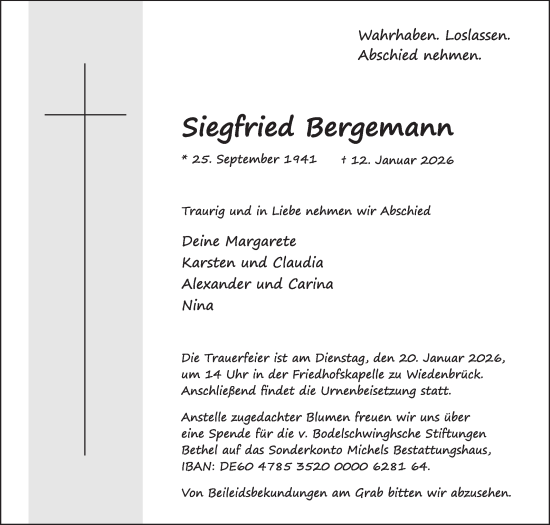 Traueranzeige von Siegfried Bergemann von Die Glocke
