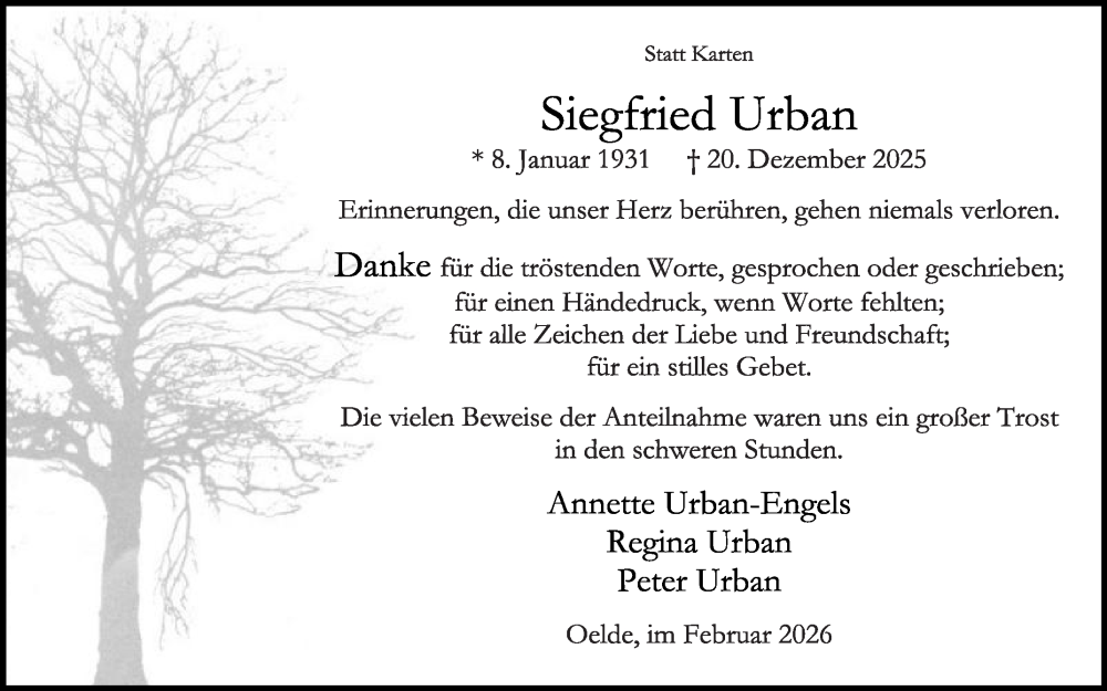  Traueranzeige für Siegfried Urban vom 31.01.2026 aus Die Glocke