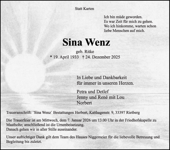 Traueranzeige von Sina Wenz von Die Glocke