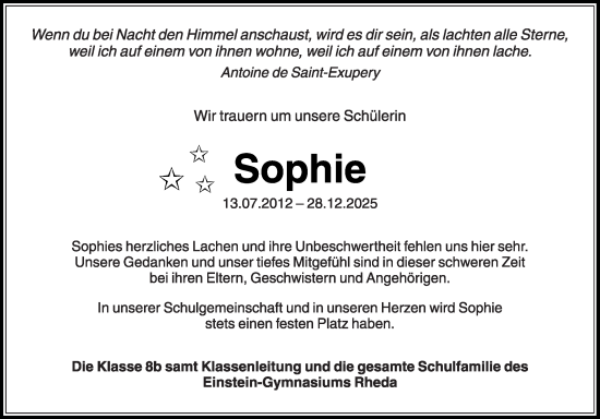 Traueranzeige von Sophie  von Die Glocke
