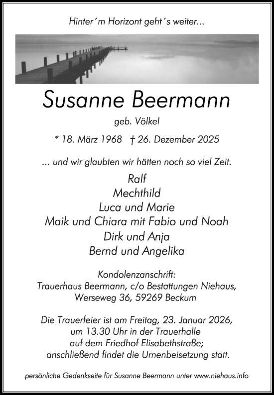 Traueranzeige von Susanne Beermann von Die Glocke