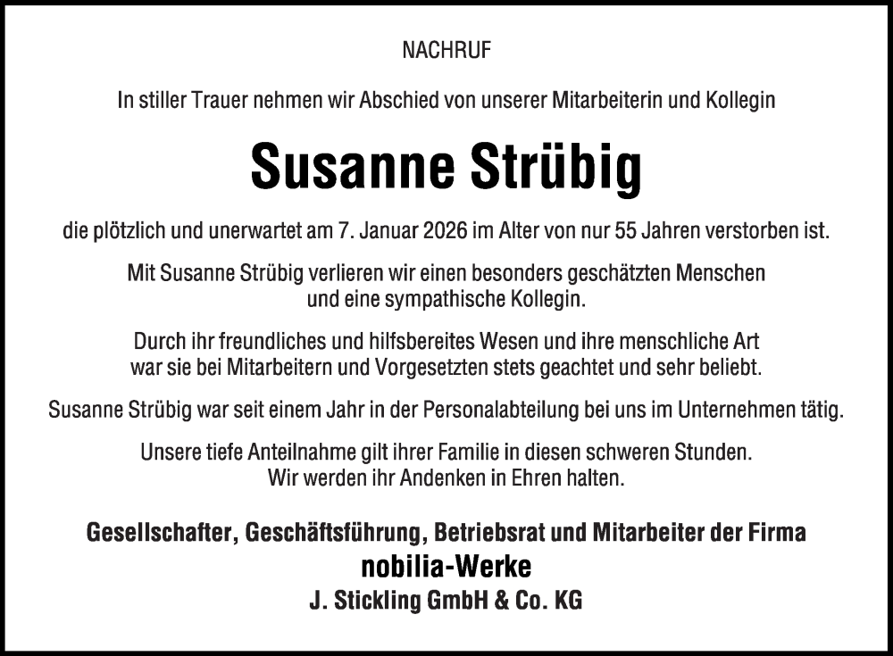  Traueranzeige für Susanne Strübig vom 17.01.2026 aus Die Glocke