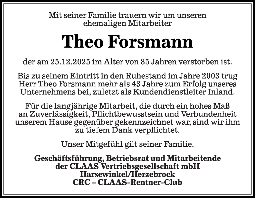  Traueranzeige für Theo Forsmann vom 07.01.2026 aus Die Glocke