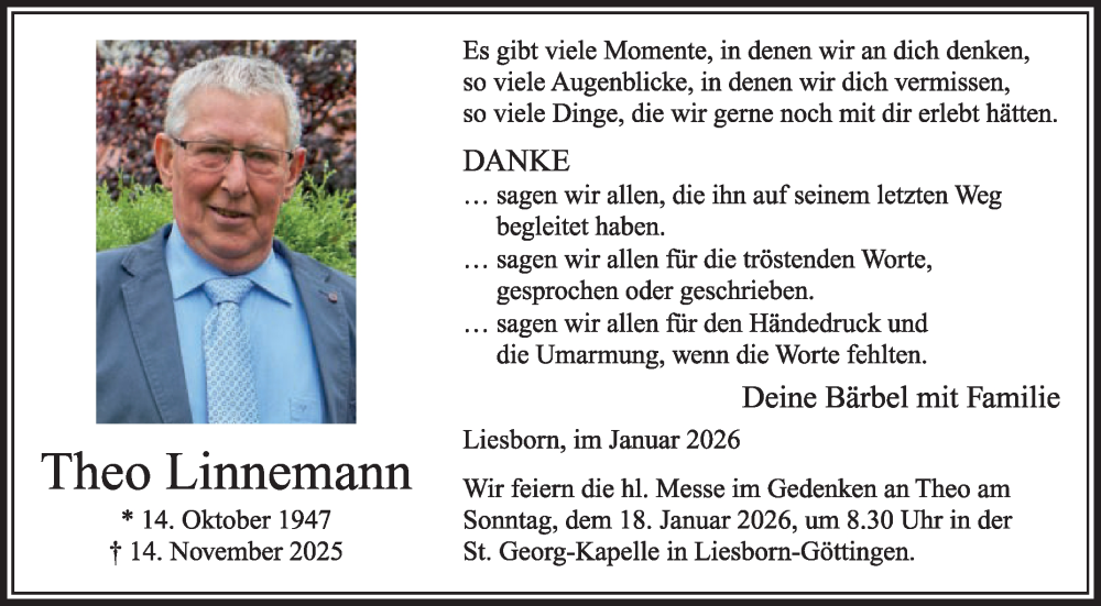  Traueranzeige für Theo Linnemann vom 10.01.2026 aus Die Glocke