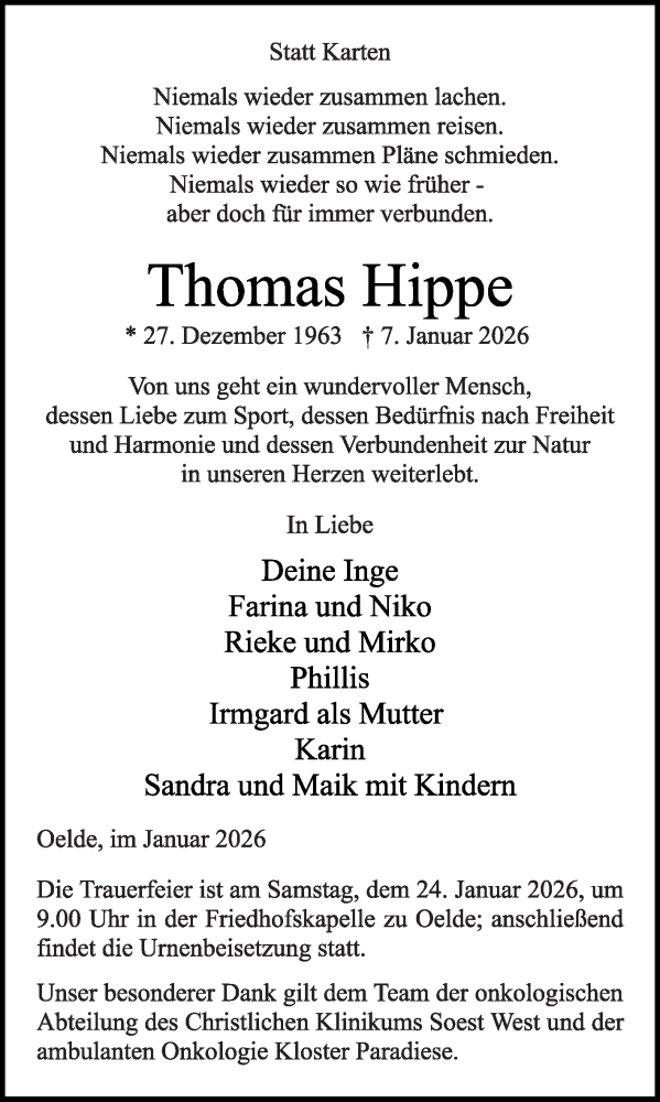  Traueranzeige für Thomas Hippe vom 17.01.2026 aus Die Glocke