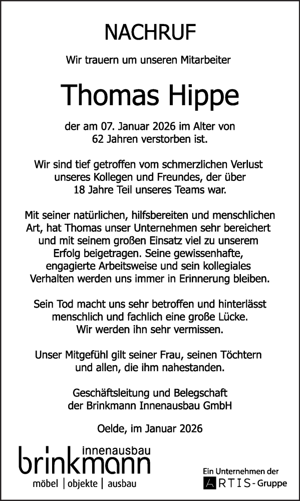  Traueranzeige für Thomas Hippe vom 17.01.2026 aus Die Glocke