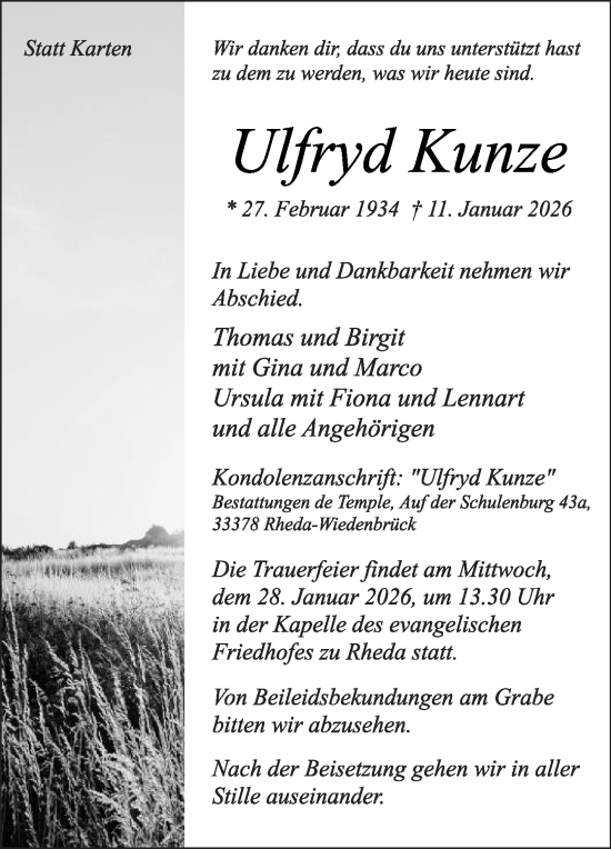 Traueranzeige von Ulfryd Kunze von Die Glocke