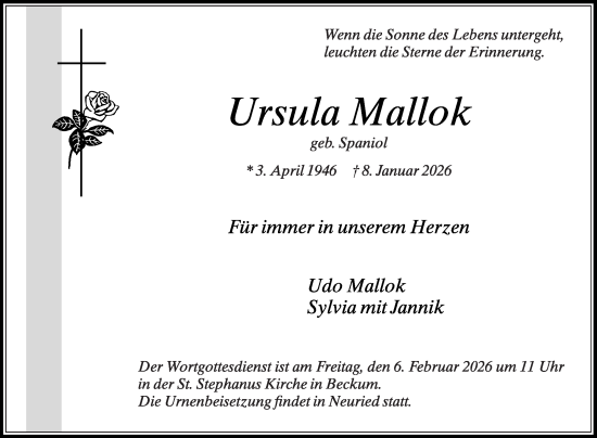 Traueranzeige von Ursula Mallok von Die Glocke