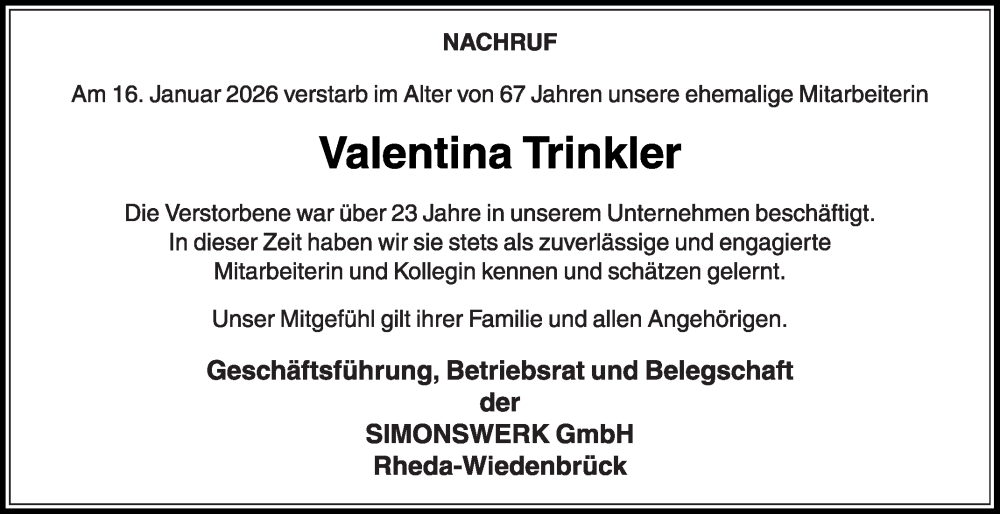  Traueranzeige für Valentina Trinkler vom 28.01.2026 aus Die Glocke
