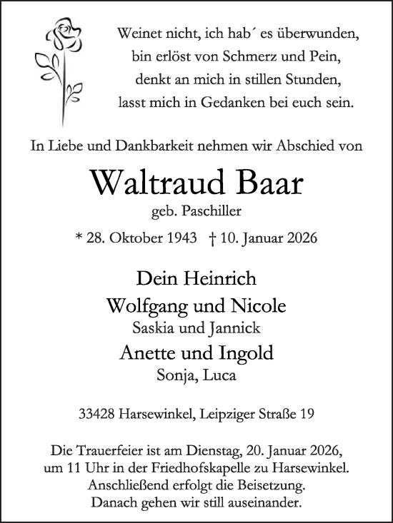 Traueranzeige von Waltraud Baar von Die Glocke